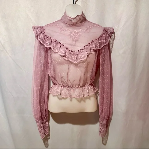 Vintage Victorian Edwardian Style Sheer Lavender Purple Lace Ruffle Blouse Size - Picture 1 of 9